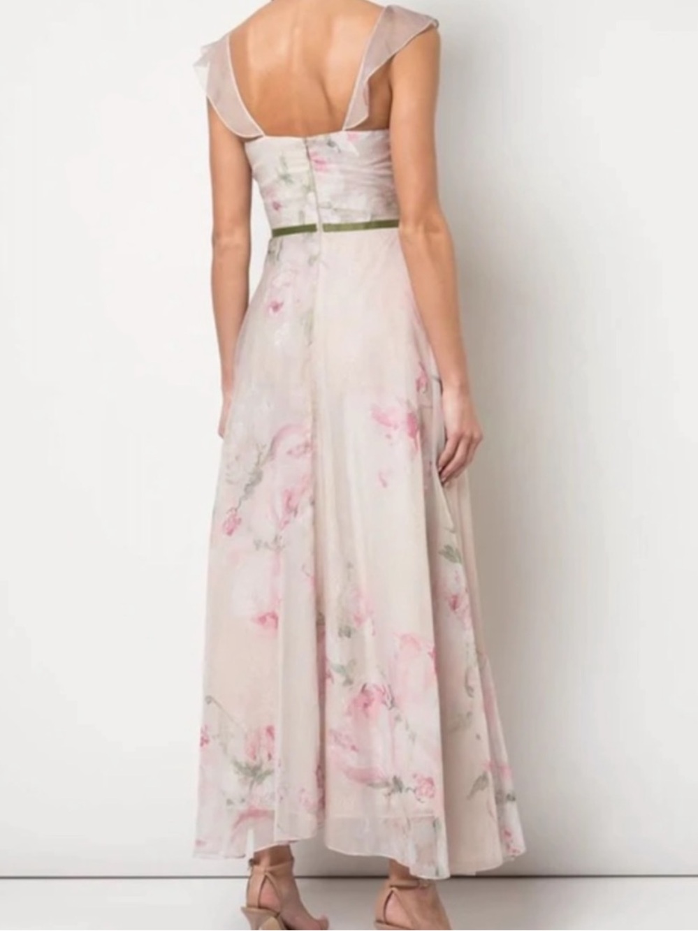 Marchesa Note Pink Floral Ruffled Midi Dress with Olive Waist Tie - Picture 3 of 8